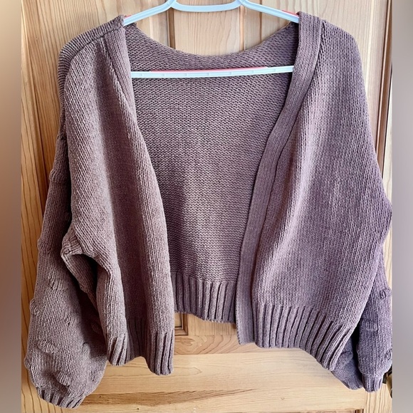 Open Front Ribbed Knit Cardigan Size Small Oversized Loose Bell Sleeves Taupe - Picture 6 of 11